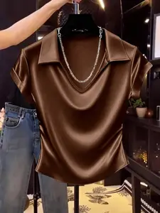 Women's Satin Short Sleeve Top, Draped Neck Slim Fit, Elegant Summer Blouse, Perfect for Casual Wear, Stylish Ladies' Clothing