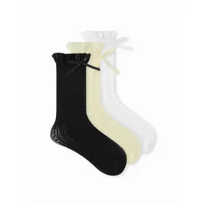 Cider 3 PAIRS BOWKNOT CRIMPED TRIM CREW SOCKS SET