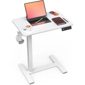 Small Electric Standing Desk - Adjustable Height Bedside Laptop Table with Wheels, Mobile, Portable Rolling Computer Workstation Sit Stand Table for  Office, Sofa, Couch Use (24x16, White)