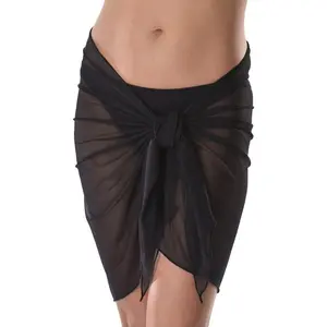 Mesh Sarong Wrap Cover Up Short with Easy Wearing Built in Ties – Black