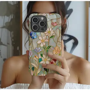 Wildflower Stained Glass Effect Phone Case | Rose Gold Pastel Floral Premium Film 2 in 1 Phone Case - Durable, Shock Absorbing and Stylish Protection - Compatible with iPhone 16, 15, 14, 13, 12, 11, Plus, Pro, Pro Max, Perfect birthday gift for friends.