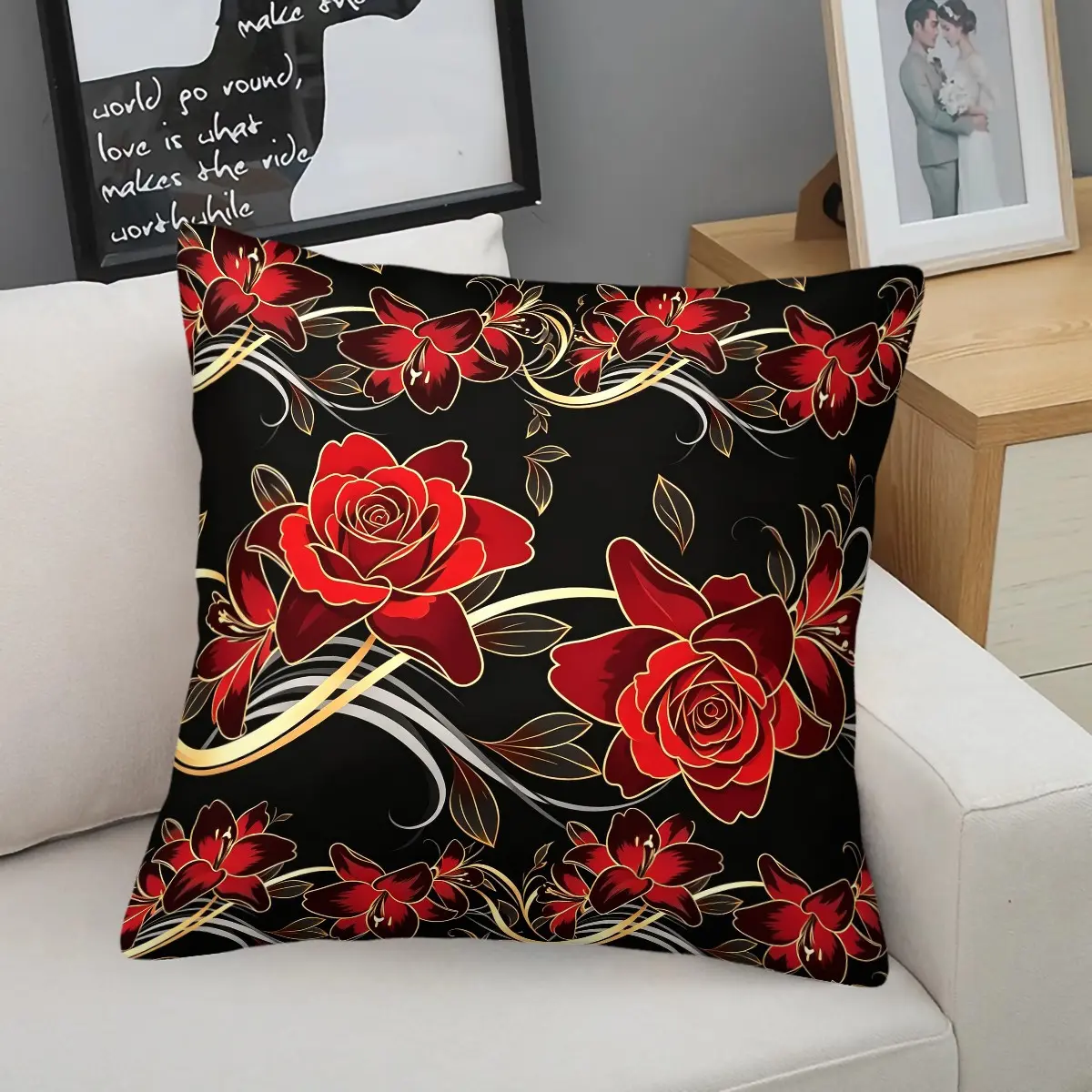 Black Red Rose Golden Line Throw Pillow With Insert, Luxury Vintage Floral Print. Plump Resilient and Skin-Friendly. Removable Washable Cover for Sofa Bedroom Home Decor. Decorative Cushion, Cushions for Sofa