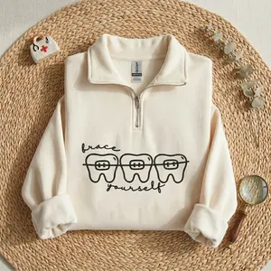 [MADE IN US] Brace Yourself Dental Embroidered Quarter Zip | Funny Orthodontist Gift | Dentist Hygienist Crewneck | Tooth Embroidery Dental Humor Sweater