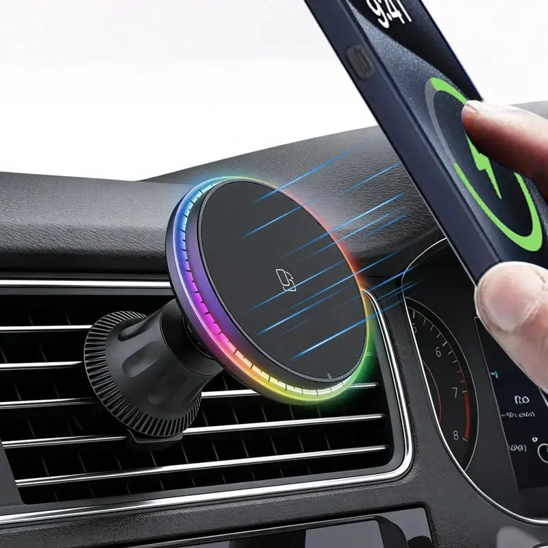 VIKEFON Magnetic Car Wireless Charger Magnetic Charging Design RGB For iPhone 12 13 14 15 16 17 Pro Max Macsafe Car Phone Holder Stand Mount Fast Charging Station Magnetic Charging Dock Car Chargers