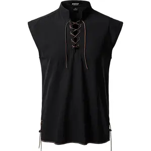Men's Retro Pure Cotton Lace Up Sleeveless Shirts for Pirate Renaissance Medieval Viking CostumeGift.