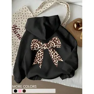 Women's Leopard Bowknot Print Loose Fit Pullover Hoodie, Casual Top for Fall & Winter, Women Clothing for Daily Wear & Outing