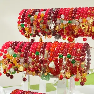 Bohemian Red Glass Bead Bracelets - Bright Red Beaded Jewelry Featuring Lucky Charms And Colorful Details, Ideal for Casual Travel And Everyday Wear for Women, Perfect for The Chinese New Year, Vacation Outfits, And Festive Gift Sets