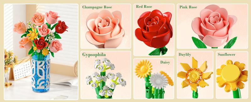 14 Flowers Bouquet Building Set with Vase and LED Light, Mother's Day 747 PCS Mini Roses Flower Botanical Building Blocks Toy, Birthday Gifts for Adults, Artificial Roses Flowers Home Decor