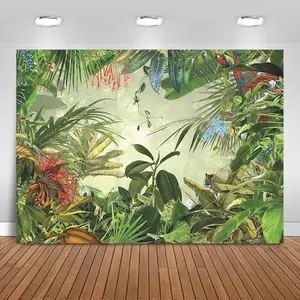 Jungle Backdrop Tropical Green Rainforest Wild Animals Tiger Parrot Palm Leaves Photography Background Baby Shower Birthday Party Decorations Banner Photo Booth Props