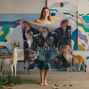 Jimin photos patterned flannel blanket - ultra-soft plush sofa throw, suitable for all seasons, digital print design, 100% polyester, machine washable, perfect for camping, picnics, travel, and as a gift - perfect present for Father's Day, Mother's Day -