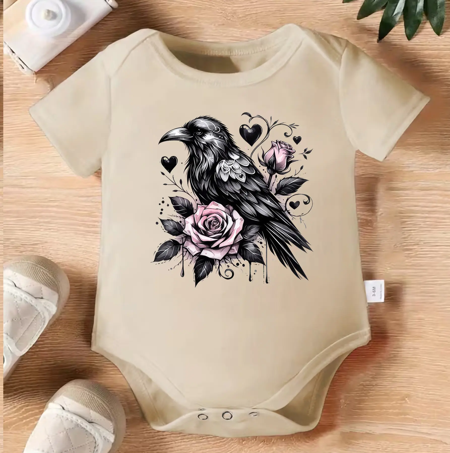 Gothic Raven Rose Baby Bodysuit, Black Crow Floral Onesie, Dark Aesthetic Infant Romper, Pink Rose Bird Baby Outfit, Spooky Newborn Gift