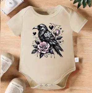 Gothic Raven Rose Baby Bodysuit, Black Crow Floral Onesie, Dark Aesthetic Infant Romper, Pink Rose Bird Baby Outfit, Spooky Newborn Gift