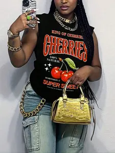 Women's Slim-Fit Upac Letter Print Round Neck Tank Top, Casual Thin Fabric for Summer, Stylish Ladies Sleeveless Shirt, Cherry