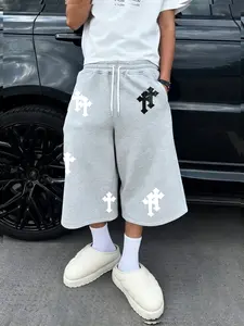 Cross Print Three-Quarter Pants, Casual Streetwear Style, Comfortable Stretch Fabric, Loose Fit, Unisex, Five Sizes Available