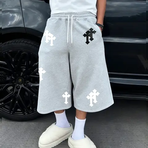 Unisex Cross Print Three-Quarter Pants, Casual Streetwear, Comfortable Stretch Fabric, Loose-Fit, Stretchy, Five Sizes Available