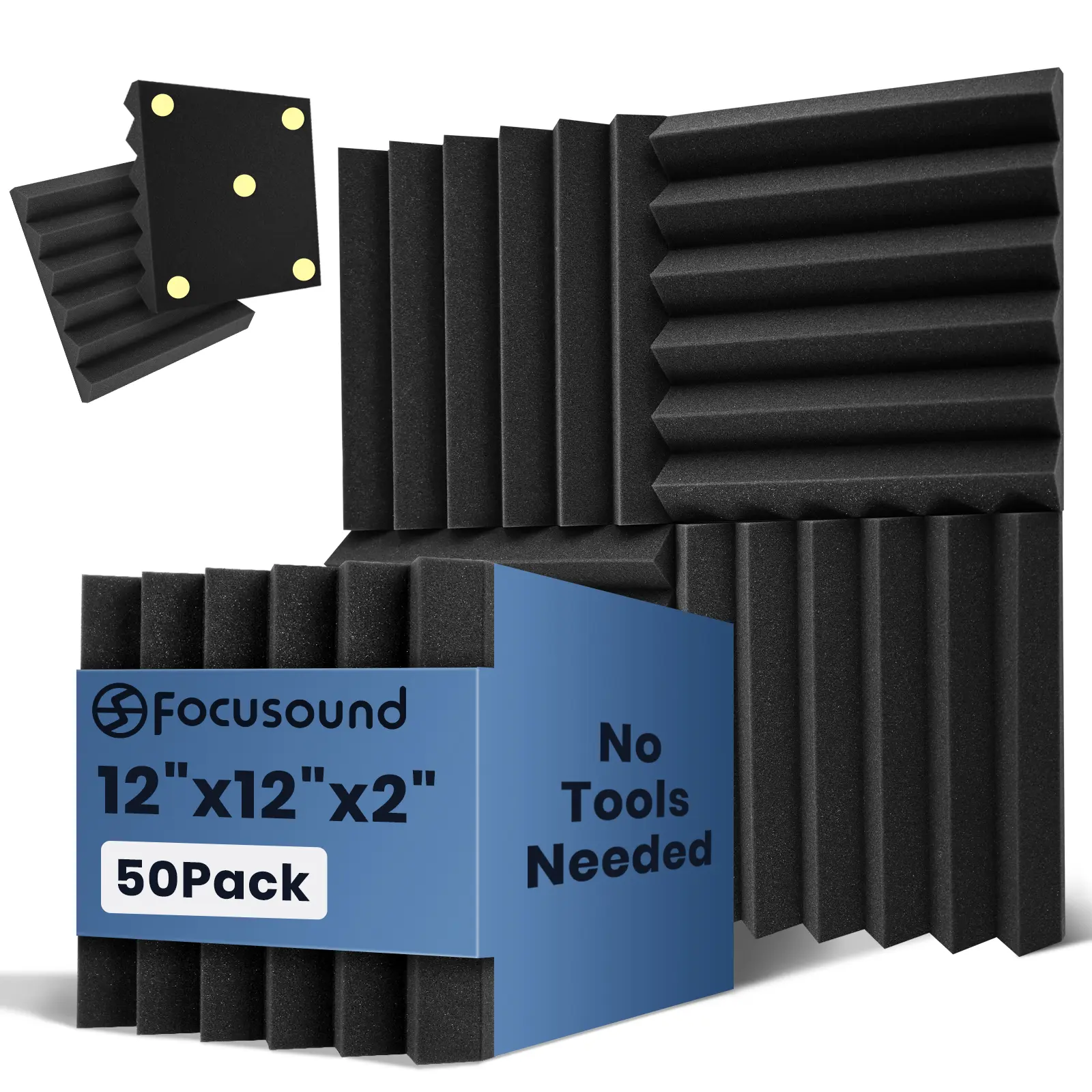 Soundproofing Focusound 6 Grooves 50 Packs Noise Reduction Foam Panels 2" x 12" x 12" with 300PCS Double-Side Adhesive. Noise-Cancelling Foam Panels optimize sound quality for room decoration, ideal for creators, streamers, and gamers. Room Accessories.