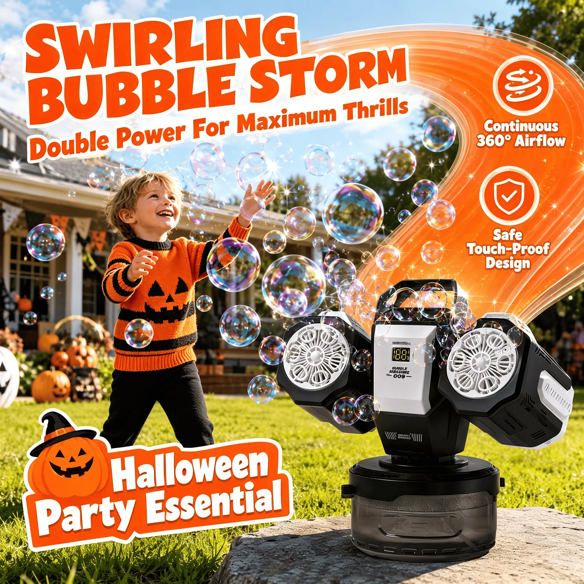 Dual-Head Rechargeable Bubble Machine Toy with RGB Light, Remote Control, 360° Rotation, 30000 Bubbles/Min, Built-in 3.7V Lithium-Ion Battery for Wedding, Outdoor Activities
