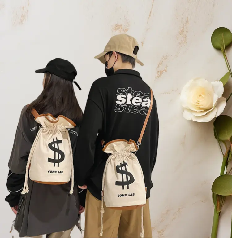 New Canvas bag Single shoulder crossbody bag，shoulder high appearance level  personality bundle mouth bucket bag, Multifunctional backpack ，