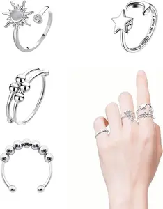 4‑Piece Stainless Steel Fidget Spinner Rings for Women – Adjustable Stress Relief Moon Star Sun Rotating Spinner Rings (Silver)