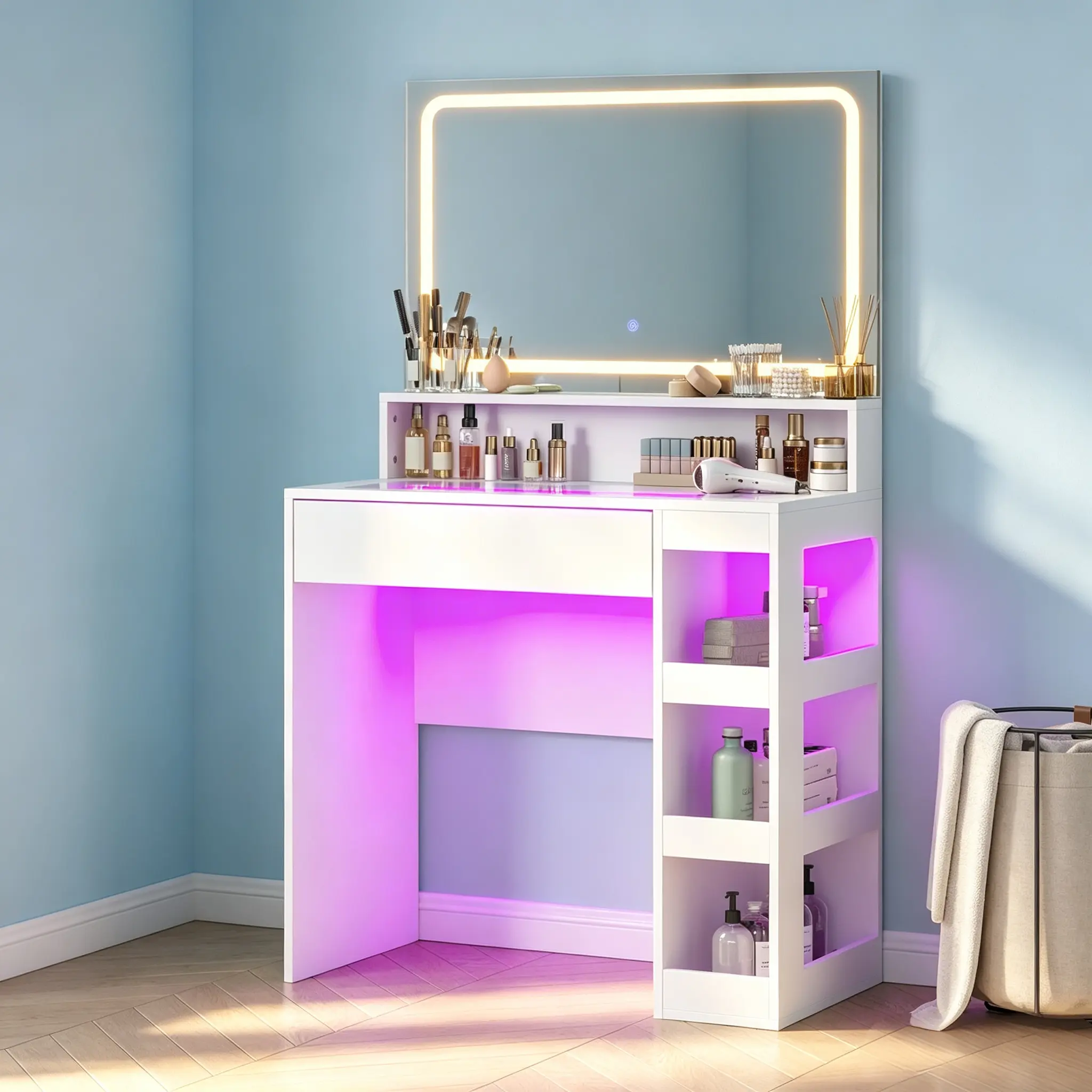 CollaredEagle LED Lighted Makeup Vanity Set with Dual Mirrors, RGB Lighting, and Storage Shelves for Modern Bathroom Decor, Modern Vanity Table, Lighted Vanity Desk