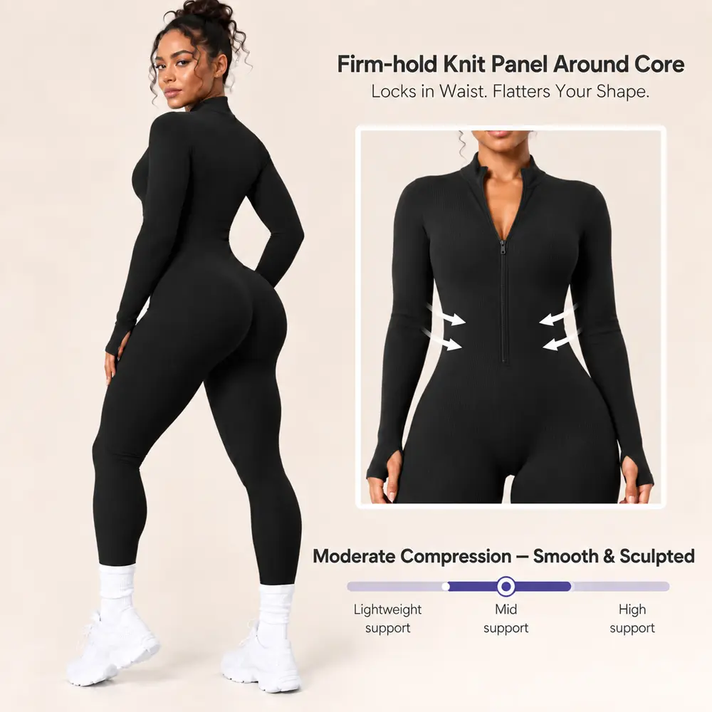 Zipper sports jumpsuit for women, seamless tight fitting slim thread, stand up collar collar, thumb hole sports long sleeved pants jumpsuit, warm ski suit for wear in autumn and winter, suitable for daily leisure, exercise, skiing, and hiking