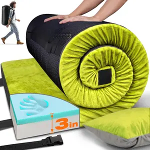 3 Inch Memory Foam Camping Mattress, Dual Layer Thick Sleeping Camp Pad for Car Tent Cot, Roll-Up Portable Glamping Floor Bed for Guests Sleepover