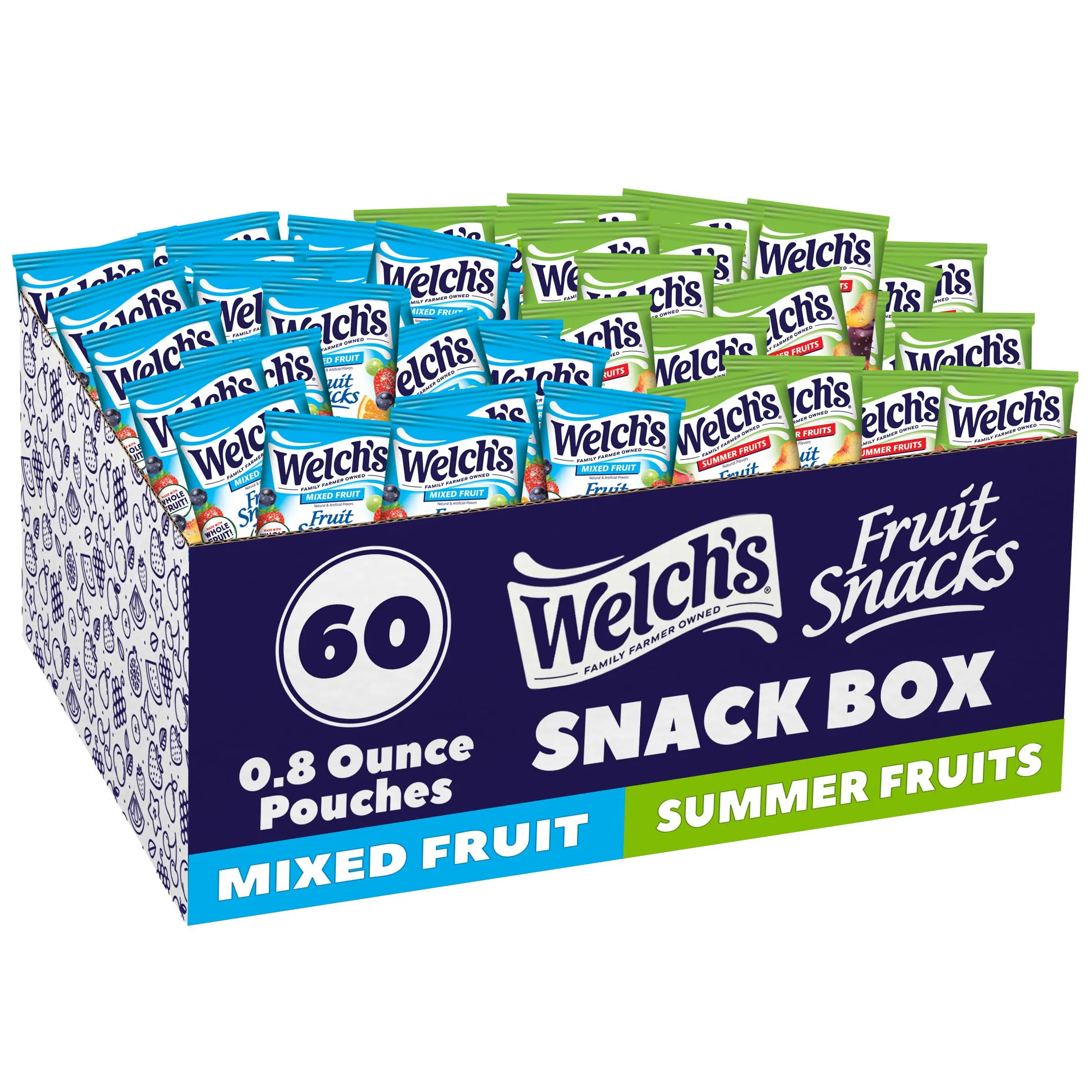 Welch's Fruit Snacks Mixed Fruit & Summer Fruits Snack Box 60 CT 0.8oz Packs Gluten Free Vitamin C A E Rich Candy Bonbon