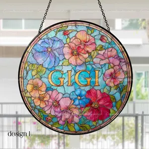 Floral Glass Suncatcher for Gigi Ornament Acrylic, Grandma Mimi Nana Window Decor, Floral Sun Catcher Gift, Christmas Gift for Loved One, Grandparents Day Gift