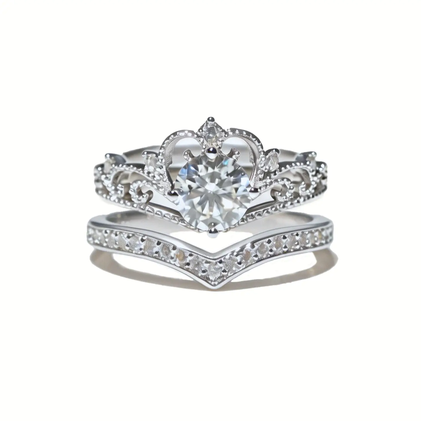 GleKey Princess Crown Ring Set, VVS D Color Moissanite Tiara & V-Shape Band Rings, Sweet 16 Coming-of-Age Jewelry, Perfect Birthday, Quinceañera & Mother’s Day Gift for Her