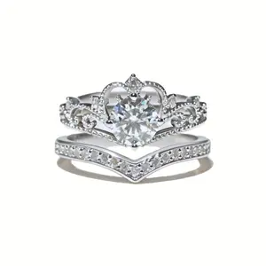 GleKey Princess Crown Ring Set, VVS D Color Moissanite Tiara & V-Shape Band Rings, Sweet 16 Coming-of-Age Jewelry, Perfect Birthday, Quinceañera & Mother’s Day Gift for Her