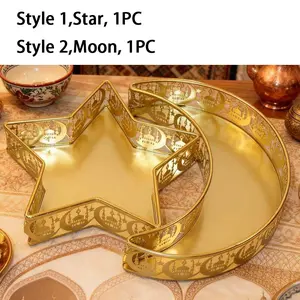 Gold Star Crescent Wrought Iron Tray Storage Box Christmas Home Decor Decoration Luxury Style Ramadan Moon Star Pattern Festival Decorative Plate Ideal Choice Collection Ornament Non Food Contact