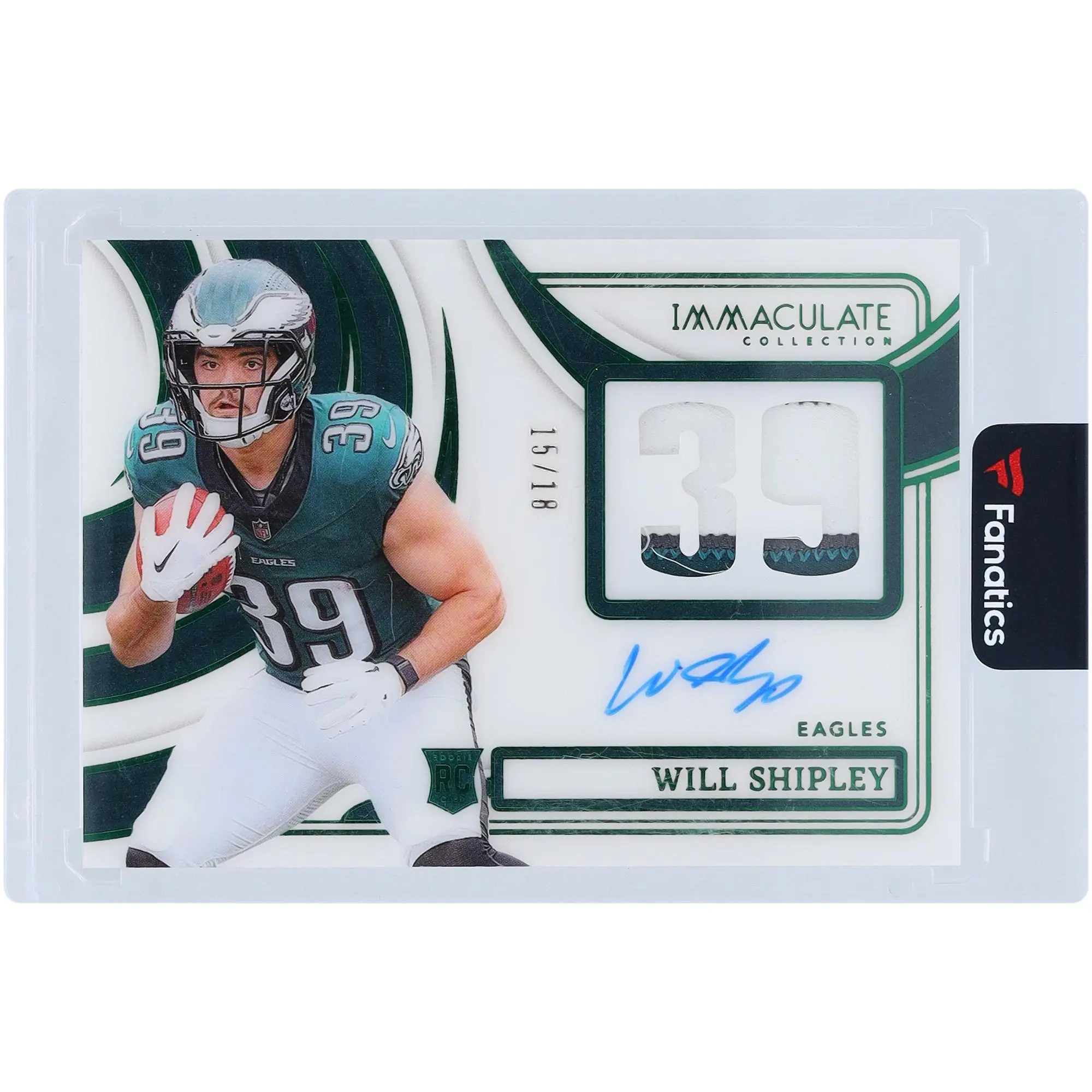 Will Shipley Philadelphia Eagles Autographed 2024 Panini Immaculate Collection Emerald Immaculate Numbers Rookie Patch 2 Color Relic #NRPA-WSY #15/18 Rookie Card - Fanatics Authentic Certified