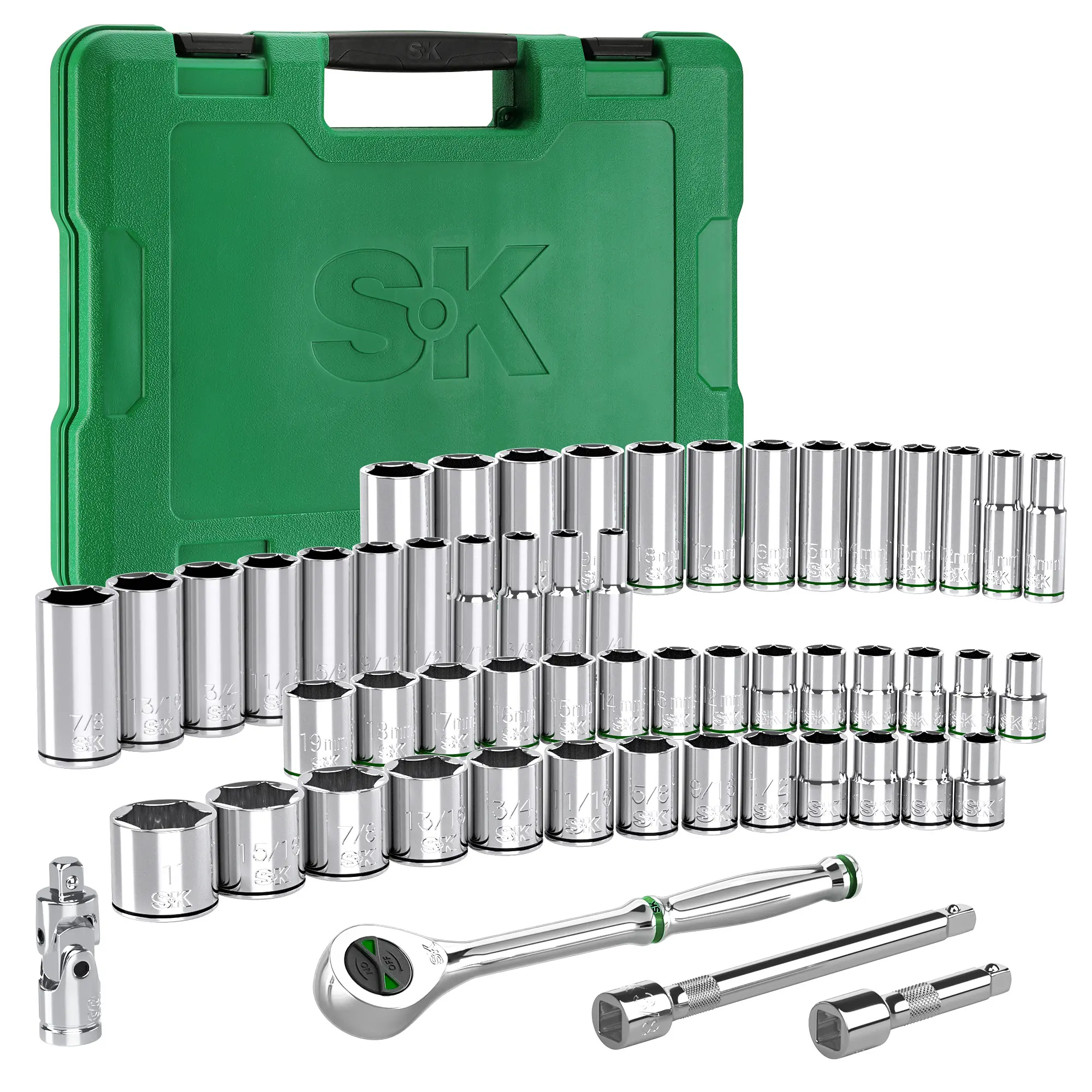 #toolupgrade SK 3/8" Drive Socket Set with 216-P Ratchet, 55-Pack, SAE & Metric, SuperKrome Finish, Premium CR-V Construction, with Storage Suitcase