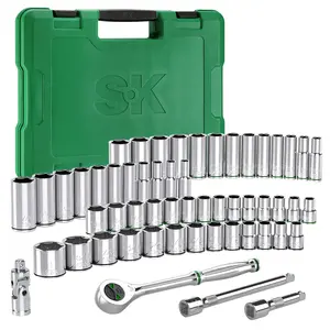 SK 3/8" Drive Socket Set with 216-P Ratchet, 55-Pack, SAE & Metric, SuperKrome Finish, Premium CR-V Construction, with Storage Suitcase
