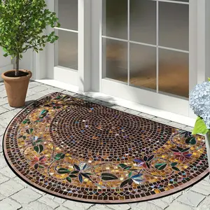 Semicircular Door Mat, Vintage Stone Mosaic Flower Pattern Door Entrance Mat, Decorative Carpet for Home Living Room Bedroom Kitchen, Flower Pattern Rugs