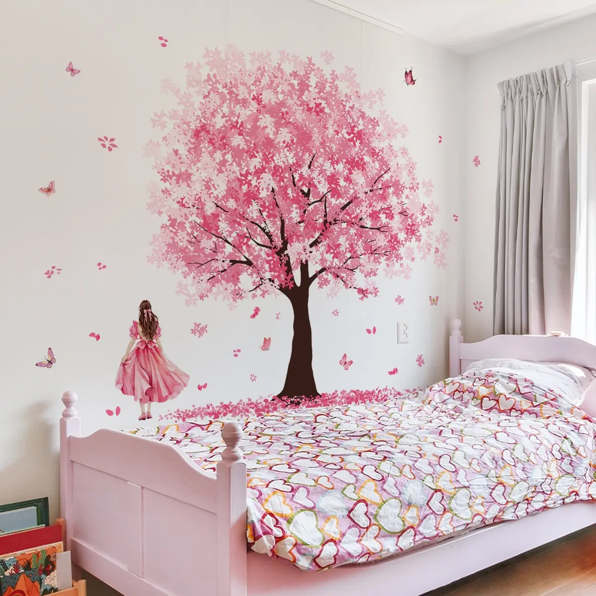Set (30*90cm*4pcs) Romantic Cherry Blossom Tree Girl Wall Stickers, Gentle and Dreamy Themed Self-Adhesive Wall Decor Decals, Decorative Stickers, Floral Wall Decals, Flower Wall Stickers, Bedroom Decorations for Bedroom and Living Room