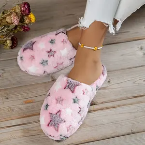Women's Pink Star Pattern Fluffy Clog Slippers |   Plush Lined Non-Slip Sole Cute-Cozy Indoor Daily House Shoes