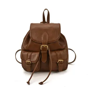 Preppy Brown Vintage School Backpack, Classic Mini Retro Design With Adjustable Straps And Buckle Details, Durable Faux Leather Casual Daypack For Daily Use, Work, Travel And Students