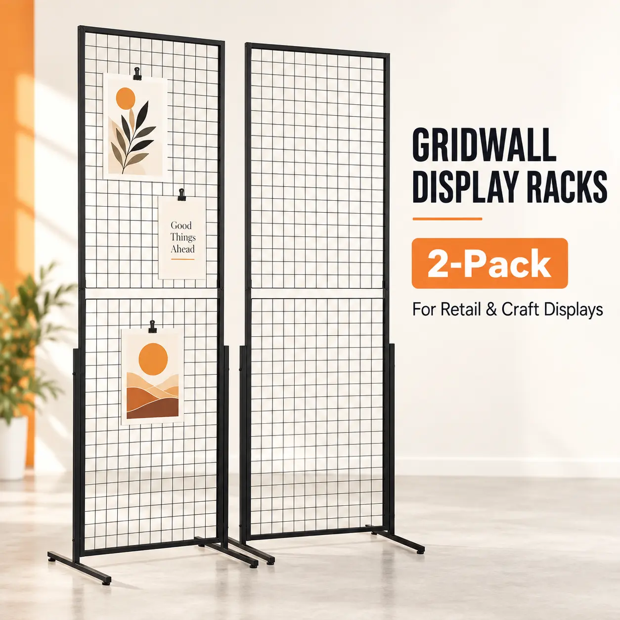 2-Pack Black Rectangular Metal Gridwall Display Rack, 24.29x67.56in Freestanding Wire Grid with T-Base, Double-Sided Stands, 15 Hooks & 8 Clips for Retail, Art Craft Show Commercial Furniture