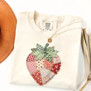 Comfort Colors Patchwork Strawberry T-Shirt, Quilted Farmhouse Berry Tee, Summer Vibes T-Shirt, Women Top, For Woman