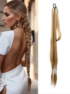 24 Inch Long Braided Ponytail Extension with Hair Tie, Synthetic Extensions, Synthetic Hair Wig, Natural Looking Fluffy Straight Wrap with Synthetic Braids Ponytail Extension, Straight Hair Weave, Synthetic Hair Piece for Women