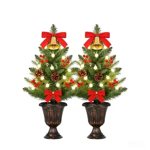 2 Pack Tabletop Christmas Trees, 24 Inch Artificial Small Christmas Trees with Pine Cones & Red Berries, Mini Xmas Tree for Home Table Windowsill Office Desk Mantel Decorations