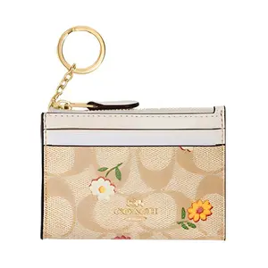 COACH Skinny ID Case 11 for Women – Classic Monogram Floral Print Canvas and Leather Cardholder in Light Khaki