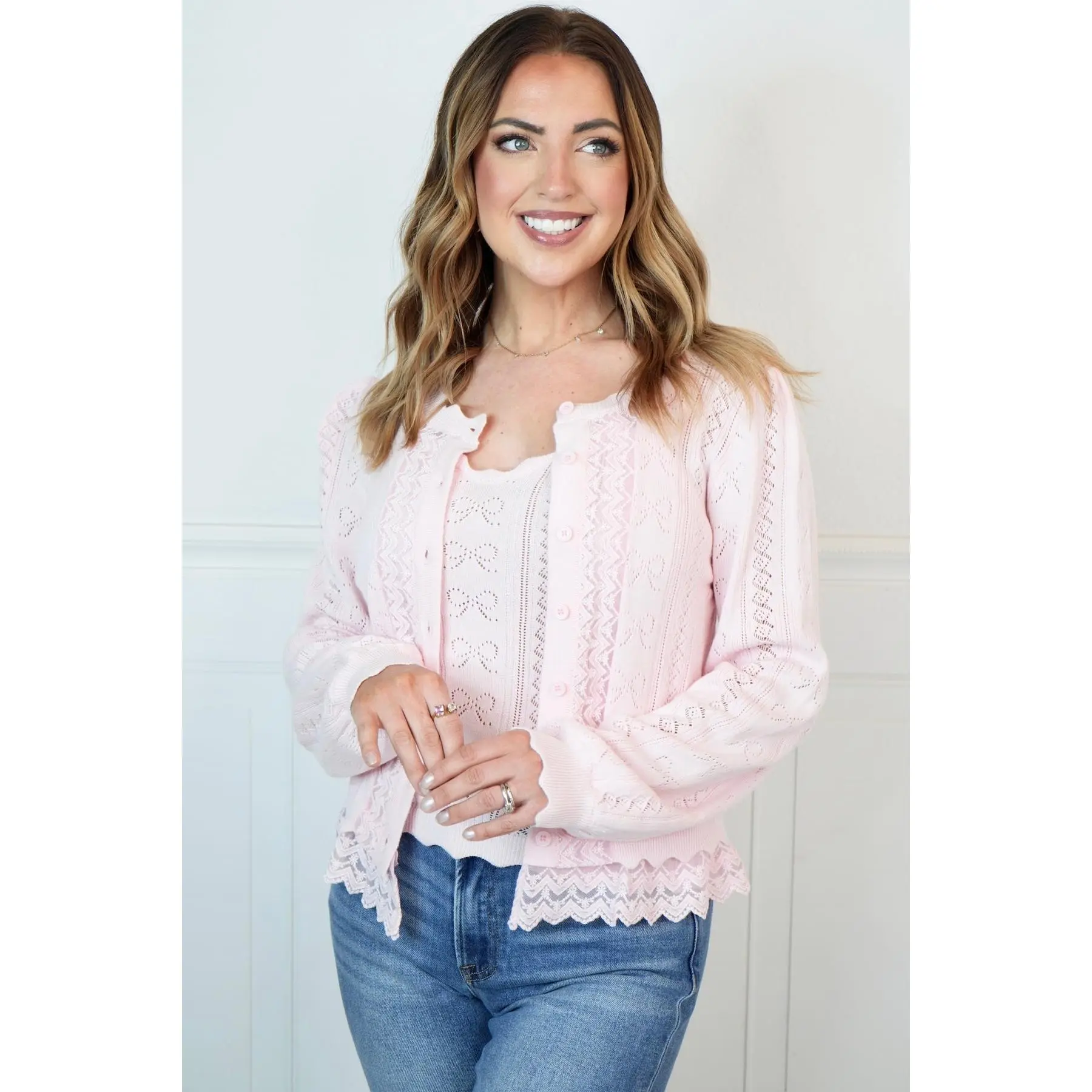 Sophie Pointelle Lace Trim Cardigan