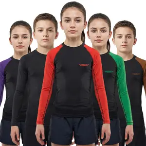 Exxact Sports Kids BJJ Rash Guard Long Sleeve, Ranked No Gi Jiu Jitsu Compression Shirt for Boys & Girls for MMA, Wrestling - (Black/Red)