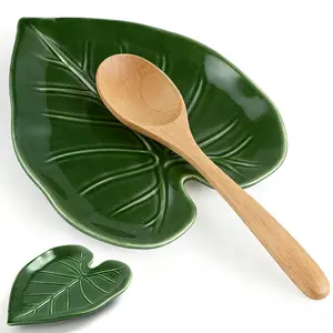 Cute Leaf Ceramic Spoon Holder Set, Kitchenware, Keep Countertop Clean, Kitchen Decor Aesthetic Spoon Rack, Kitchen Decoration Gift