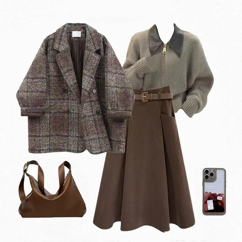 Vintage Blazer Design Knitted Sweater With Skirt Three-piece Set