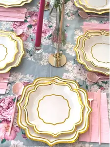 Paper Party Plates Gold Silver White Fancy 8" Scallop Rim Dessert Plate and 10" Scallop Rim Dinner Plate Disposable Appetizer Salad Plate