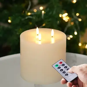 6"x6" Extra Large Flameless Candles with 3 Wicks, Battery Operated Candles with Remote Control and Timers, 6 inch Diameter LED Pillar Candles, Real Wax, Ivory  giant candle