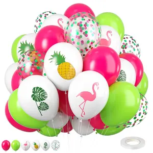 Tropical Balloons, 12 Inch Hot Pink Green White Ballloon Leaves Flamingo Pineapple Printed Balloons For Summer Beach Hawaiian Luau Tropical Birthday Baby Shower Party Decorations